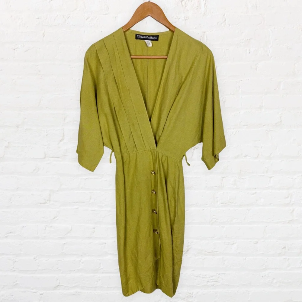 VINTAGE | 1980’s Barbara Barbara Sheen Green Linen Blend Parisian Wrap Dress - Picture 8 of 12